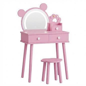 Bear-Shaped Lighted Mirror Kids Vanity Table and Chair Set - Wooden Princess Makeup Desk with Stool