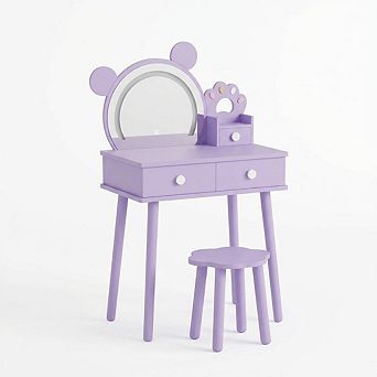 Bear-Shaped Lighted Mirror Kids Vanity Table and Chair Set - Wooden Princess Makeup Desk with Stool