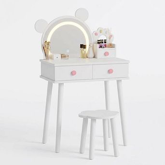Bear-Shaped Lighted Mirror Kids Vanity Table and Chair Set - Wooden Princess Makeup Desk with Stool