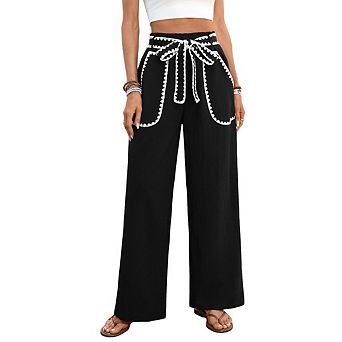 Women's Color Block Straight Leg Lounge Pants High Waisted Adjustable Tie Knot Loose Fit Trousers