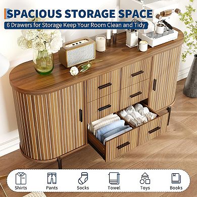 Danolapsi Fluted Sideboard Cabinet,Modern Wood Buffet Cabinet with 6 Drawers &2 Sliding Doors