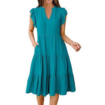 Women's Summer Dresses V Neck Solid Color Ruffle Sleeve Elegant Casual Boho Midi Fashion Dress