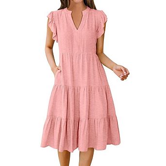 Women's Summer Dresses V Neck Solid Color Ruffle Sleeve Elegant Casual Boho Midi Fashion Dress