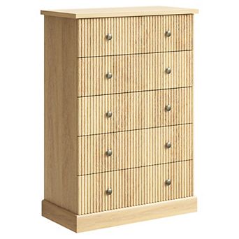 5 Drawer Dresser, Tall Vertical Chest of Drawers, Fluted Wood Dresser for Clothing Storage
