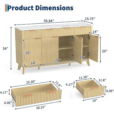 Danolapsi 60" Farmhouse Buffet Cabinet, Wood Fluted Sideboard with 3 Drawers & Adjustable Shelves