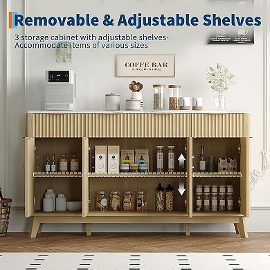 Danolapsi 60" Farmhouse Buffet Cabinet, Wood Fluted Sideboard with 3 Drawers & Adjustable Shelves