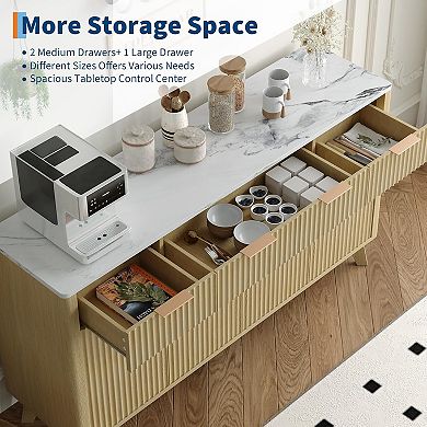 Danolapsi 60" Farmhouse Buffet Cabinet, Wood Fluted Sideboard with 3 Drawers & Adjustable Shelves