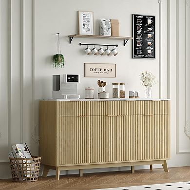 Danolapsi 60" Farmhouse Buffet Cabinet, Wood Fluted Sideboard with 3 Drawers & Adjustable Shelves