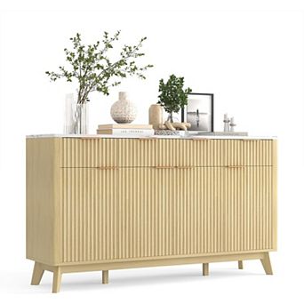 Danolapsi 60" Farmhouse Buffet Cabinet, Wood Fluted Sideboard with 3 Drawers & Adjustable Shelves