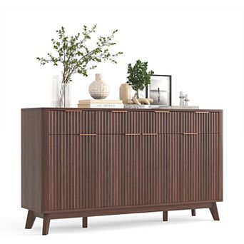 Danolapsi 60" Farmhouse Buffet Cabinet, Wood Fluted Sideboard with 3 Drawers & Adjustable Shelves