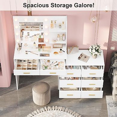 61" Make Up Vanity Desk with Mirror and Lights, Vanity with 8 Wide Storage Drawers & 2 Tier Shelves