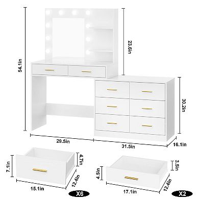61" Make Up Vanity Desk with Mirror and Lights, Vanity with 8 Wide Storage Drawers & 2 Tier Shelves