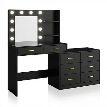 61" Make Up Vanity Desk with Mirror and Lights, Vanity with 8 Wide Storage Drawers & 2 tier Shelves