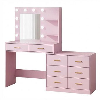 61" Make Up Vanity Desk with Mirror and Lights, Vanity with 8 Wide Storage Drawers & 2 tier Shelves