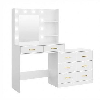 61" Make Up Vanity Desk with Mirror and Lights, Vanity with 8 Wide Storage Drawers & 2 tier Shelves