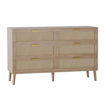 Danolapsi 6-Drawer Rattan Dresser for Bedroom, Farmhouse Wood Chest of Drawers with Golden Handles