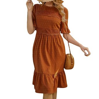 Women's Summer Lace Ruffle Short Sleeve Dress Swiss Dots Crew Neck Flowy Elegant Casual Dresses