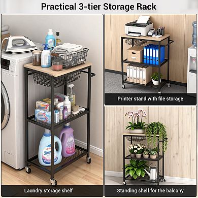 Danolapsi 3-Tier Rolling Kitchen Carts on Wheels with Storage Basket & 2 Lockable Wheels