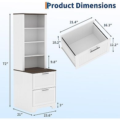 Danolapsi 72" Tall Bookcase with 2 File Drawers, Modern Wood Bookshelf with Adjustable Shelves