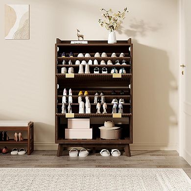 Danolapsi Modern 2 Flip Drawers Fluted Shoe Cabinet for Entryway with Bottom Open Shelf