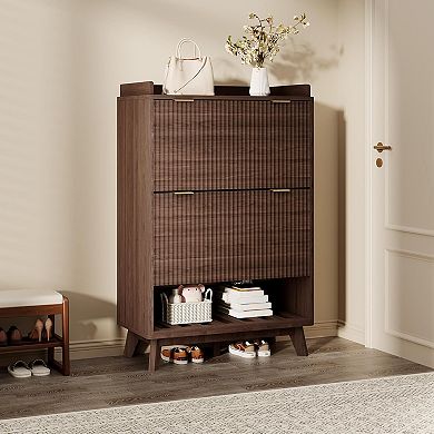 Danolapsi Modern 2 Flip Drawers Fluted Shoe Cabinet for Entryway with Bottom Open Shelf