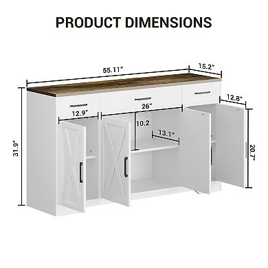 Danolapsi 55" Sideboard Buffet Cabinet with 3 Drawers & 4 Doors, Modern Farmhouse Sideboard Cabinet
