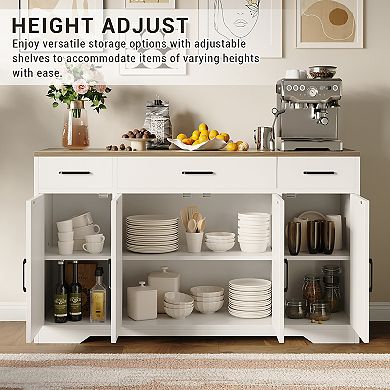 Danolapsi 55" Sideboard Buffet Cabinet with 3 Drawers & 4 Doors, Modern Farmhouse Sideboard Cabinet