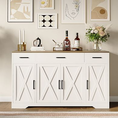 Danolapsi 55" Sideboard Buffet Cabinet with 3 Drawers & 4 Doors, Modern Farmhouse Sideboard Cabinet