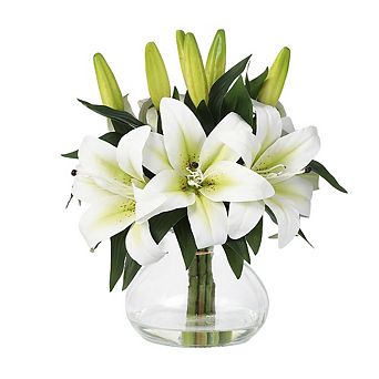 Artificial Lilies Flowers with Glass Vase & Fake Water - Fake Lilies for Home Table, Wedding Party