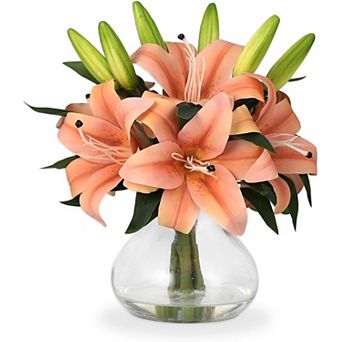 Artificial Lilies Flowers with Glass Vase & Fake Water - Fake Lilies for Home Table, Wedding Party