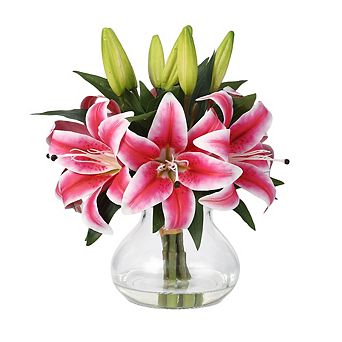 Artificial Lilies Flowers with Glass Vase & Fake Water - Fake Lilies for Home Table, Wedding Party