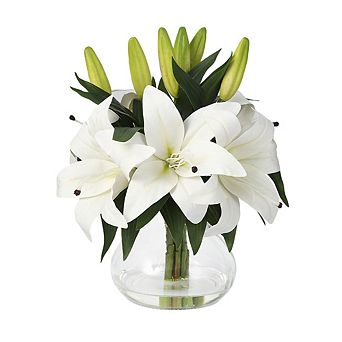 Artificial Lilies Flowers with Glass Vase & Fake Water - Fake Lilies for Home Table, Wedding Party