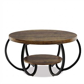 30 Inch Round Coffee Table, 2 tier Rustic Wood Center Table with Storage Shelf