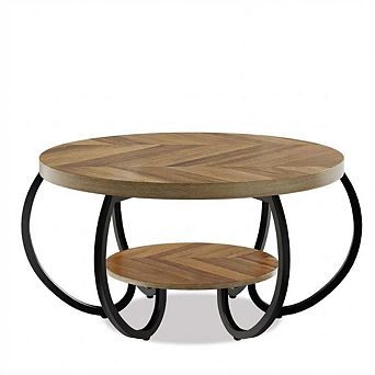 30 Inch Round Coffee Table, 2 tier Rustic Wood Center Table with Storage Shelf