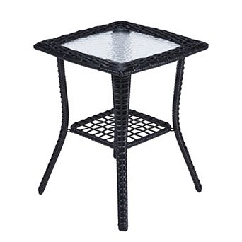 Outdoor Wicker Side Table with Glass Top for Patio or Indoor Use