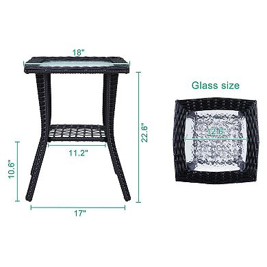 Outdoor Wicker Side Table with Glass Top for Patio or Indoor Use