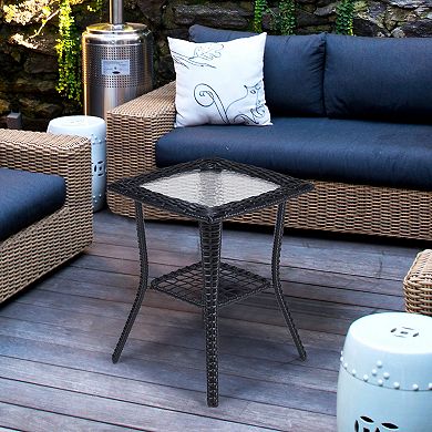 Outdoor Wicker Side Table with Glass Top for Patio or Indoor Use