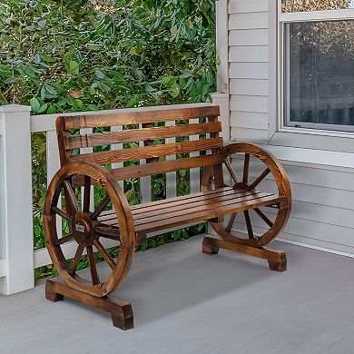 Rustic Wooden Wagon Wheel 2-Person Outdoor Bench