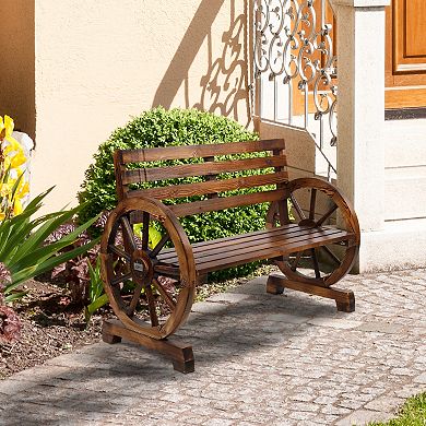 Rustic Wooden Wagon Wheel 2-Person Outdoor Bench