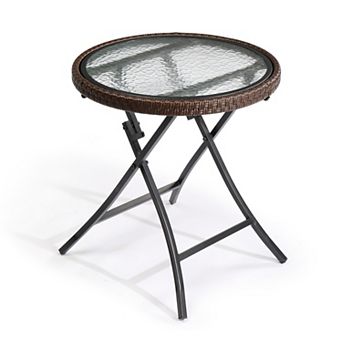 Foldable Rattan Patio Side Table with Glass Top