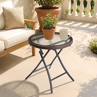 Foldable Rattan Patio Side Table with Glass Top