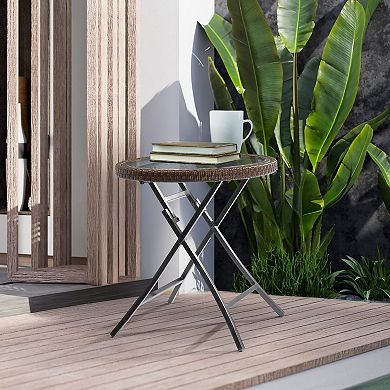 Foldable Rattan Patio Side Table with Glass Top