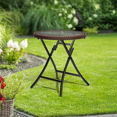 Foldable Rattan Patio Side Table with Glass Top