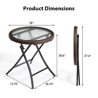 Foldable Rattan Patio Side Table with Glass Top