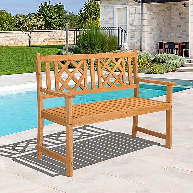 Outdoor Garden Fir Wood Grid Back Patio Bench with Arms
