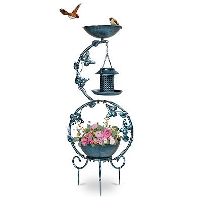 3-in-1 Solar Bird Bath, Feeder Planter Pedestal with Butterfly Accent