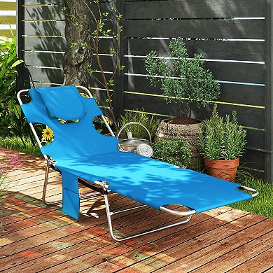 Folding Outdoor Chaise Lounge with Face Hole and Adjustable Recline