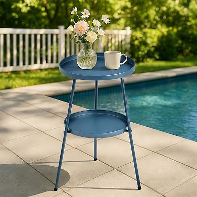 Round 2-Tier Metal Side Table for Indoor and Outdoor Use