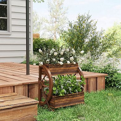 2-Tier Wooden Wagon Planter Box with Drainage Holes