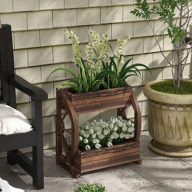 2-Tier Wooden Wagon Planter Box with Drainage Holes